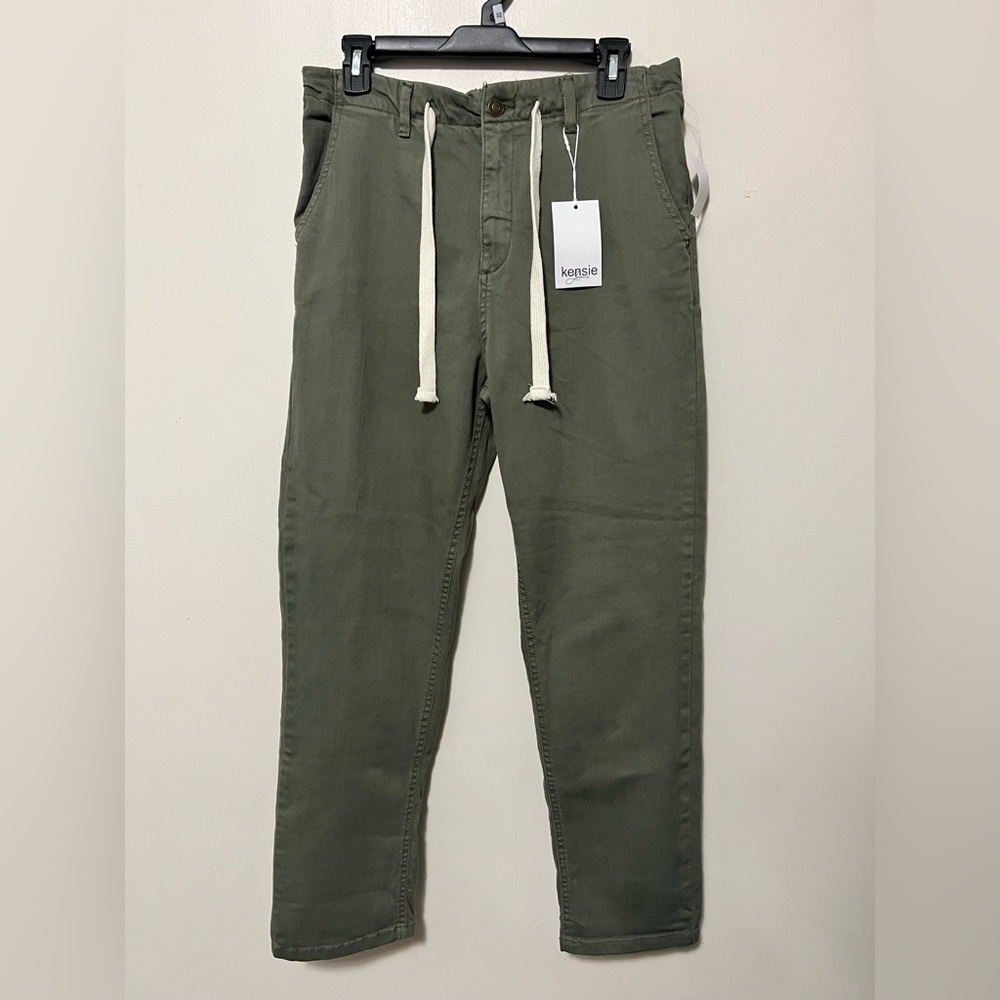 Kenzie Jeans The Girlfriend Pants Women’s 10/30 Olive Green Stretch With Tie NWT